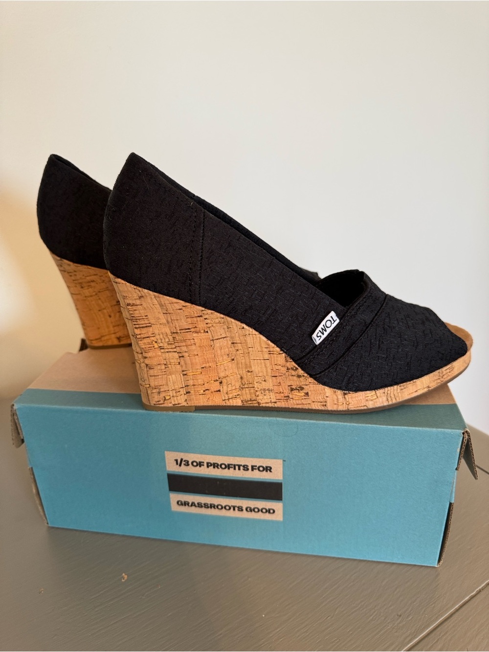 Toms Black Textile Cork Wedge Peep-Toe Slip-On